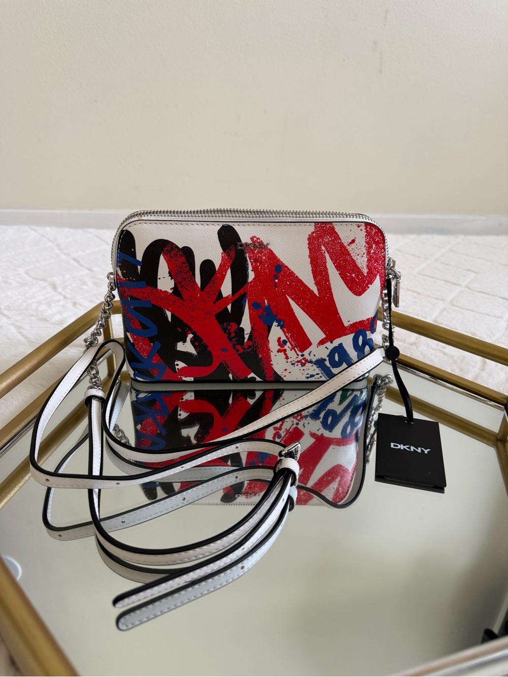 DKNY White Leather Crossbody with Silver Hardware
